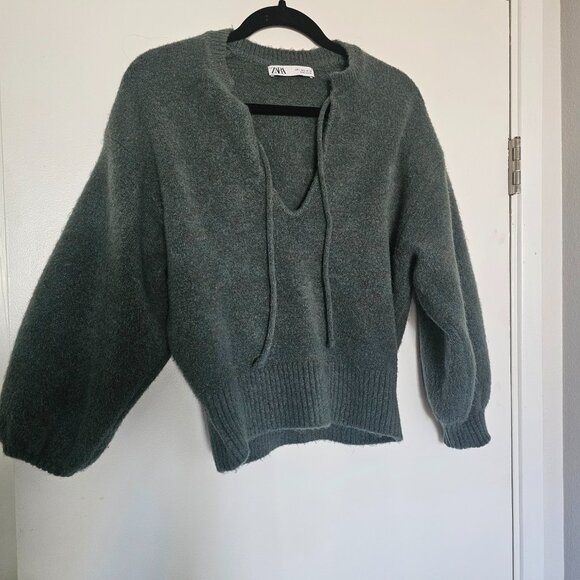 Zara green tie neck sweater large - Picture 2 of 8